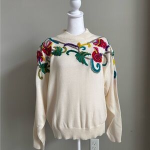 Vintage 80’s Cream Sweater with Floral Embroidery and Shawl Neckline